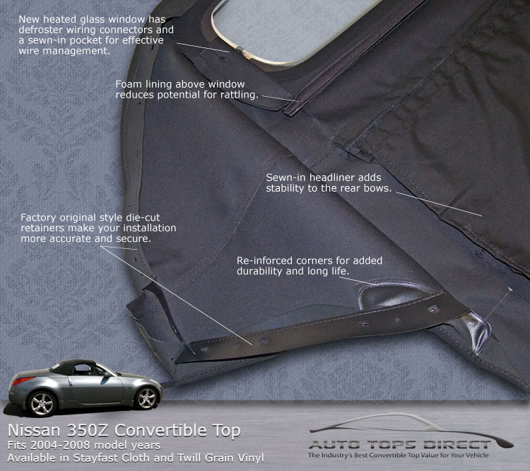 Sierra Auto Tops Nissan 350Z 2004-2009 Convertible Soft Top Replacement w/Heated Glass Window Twill Grain Apex Vinyl Black 