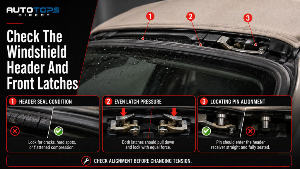 Infographic showing Toyota Solara convertible windshield header inspection points, including header