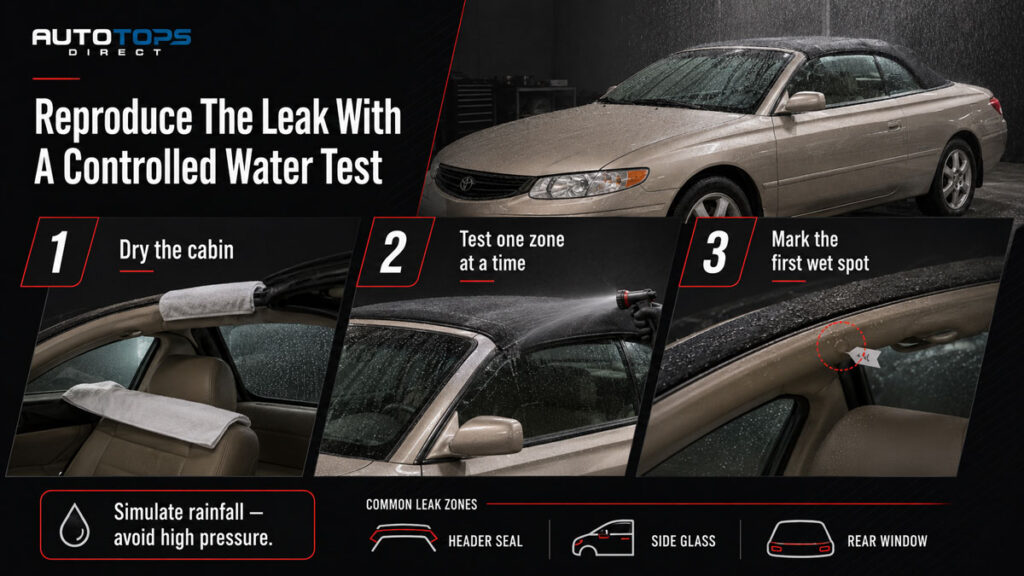 Three-step infographic showing how to reproduce a Toyota Solara convertible top leak with a controlled water test by drying the cabin, testing one zone at a time with low-pressure water, and marking the first wet spot.