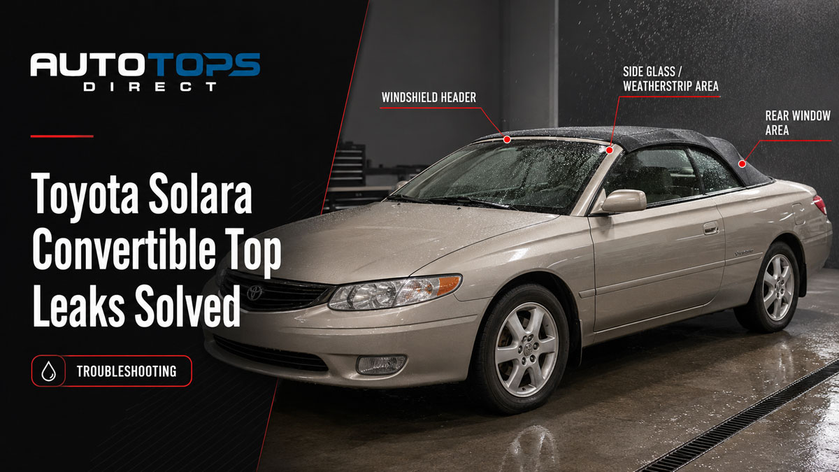 Toyota Solara convertible in a workshop under simulated rain with labeled leak-prone areas including the windshield header, side glass weatherstrip, and rear window area, alongside the title Toyota Solara Convertible Top Leaks Solved.